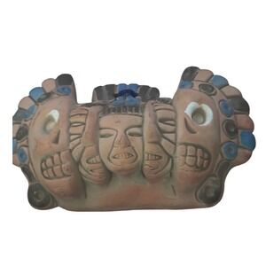 Vintage Mexican Folk Wall Art Clay 3 Ages of Man Multi Face Aztec 6" has chip